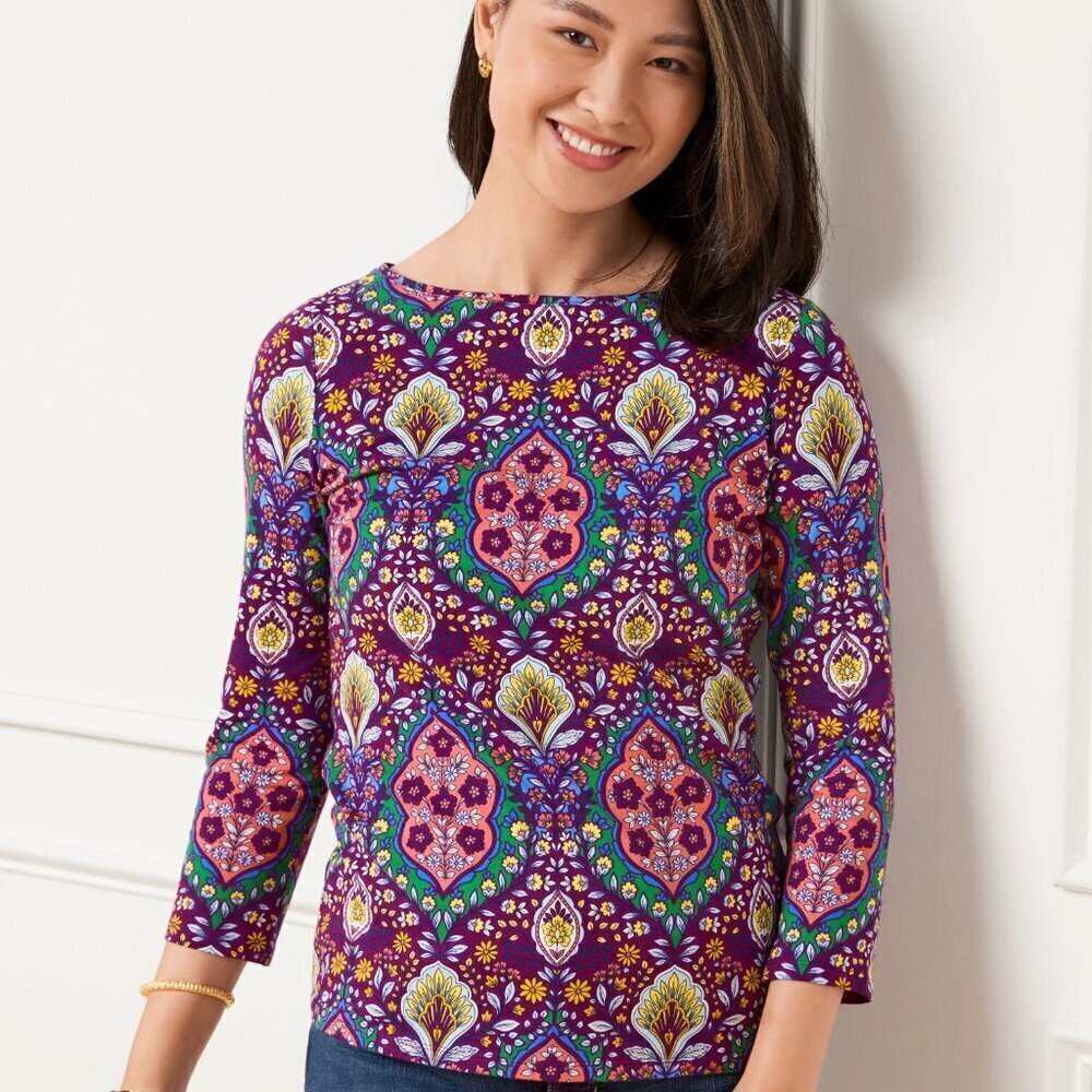 TALBOTS BATEAU NECK TEE Cotton - BOTANICAL MEDALLION Size Large/P